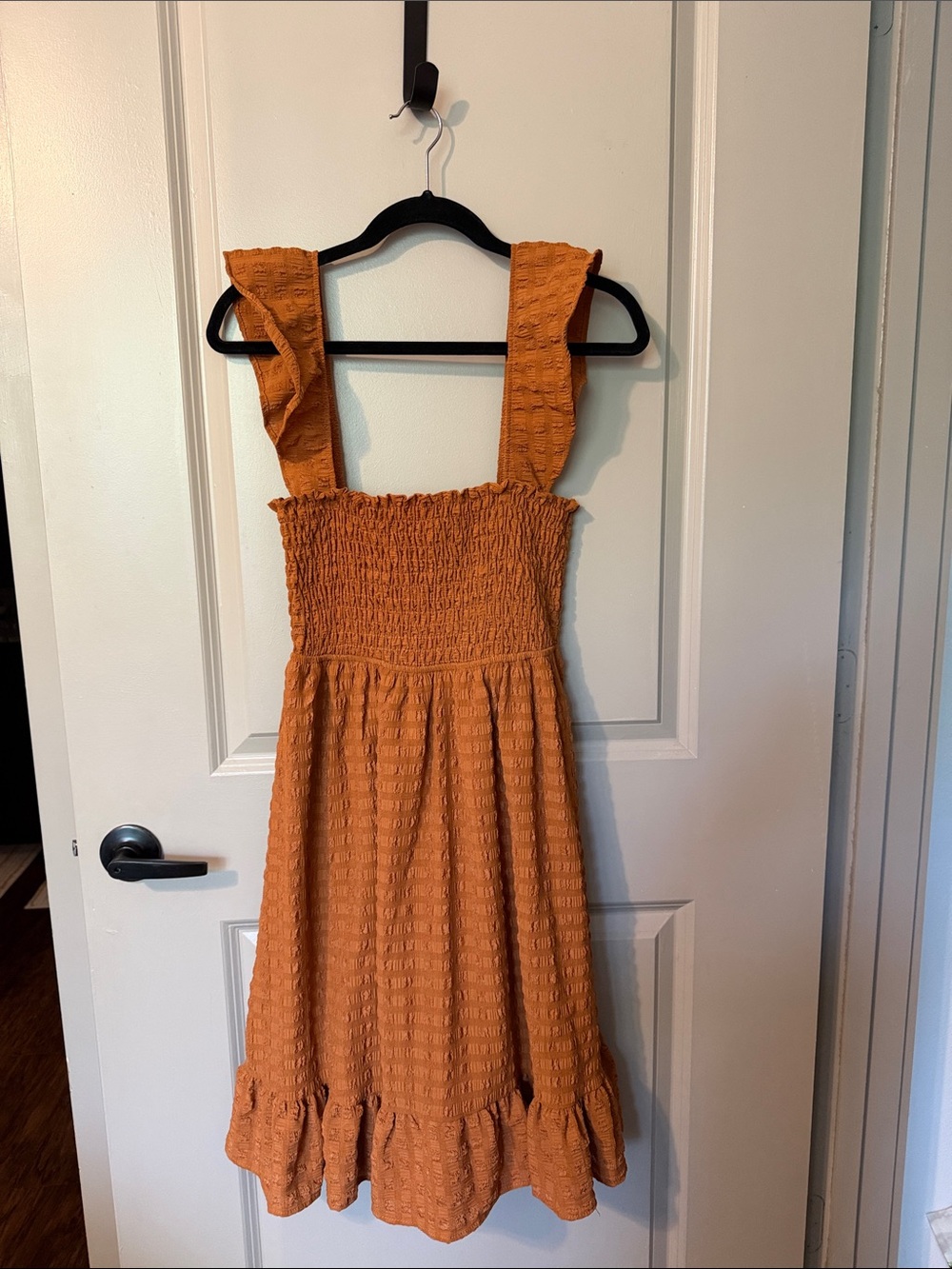 Ces Femme Rust Orange Smocked Midi Sundress with Ruffle Straps